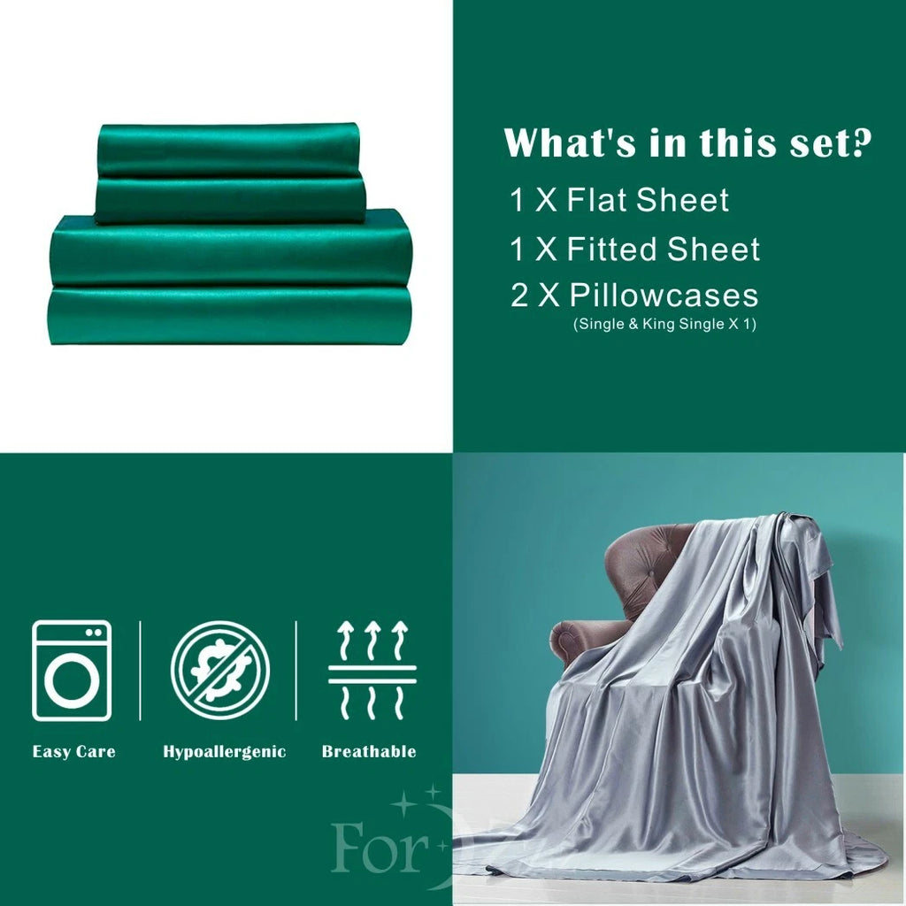 Hotel 4 Pieces Silk Satin Flat Fitted Sheet Bed Set Single Double Queen King Bed