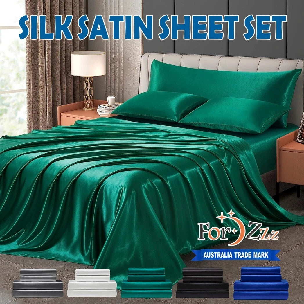 Hotel 4 Pieces Silk Satin Flat Fitted Sheet Bed Set Single Double Queen King Bed