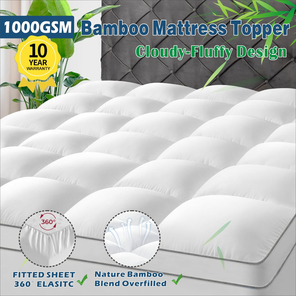 Hotel 1000GSM Bamboo Pillowtop Mattress Topper Protector Thick 3D Snow Down Fill   White