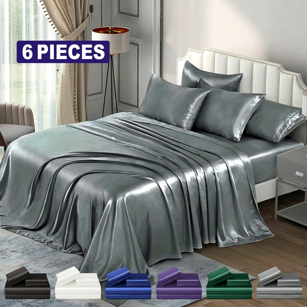 6 Pieces Silk Satin Flat Fitted Sheet Bed Set