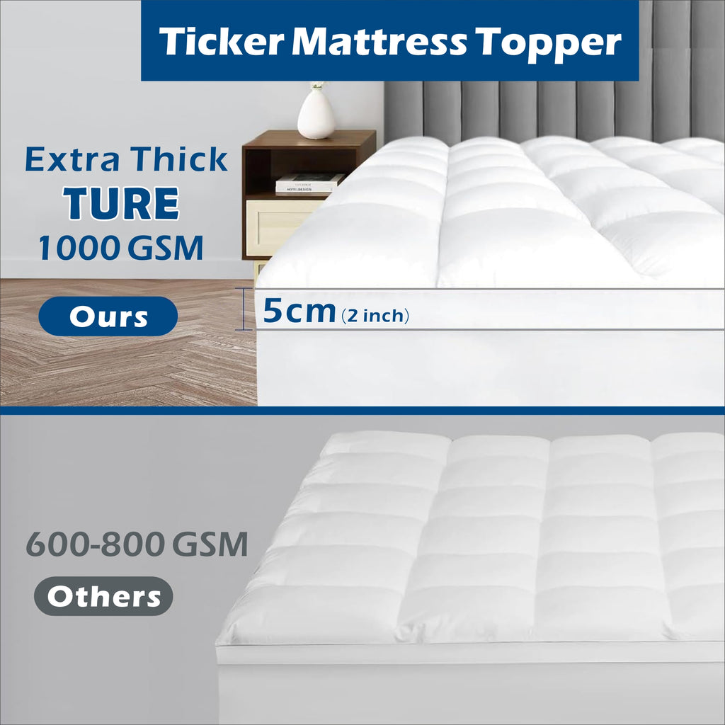 Hotel 1000GSM Bamboo Pillowtop Mattress Topper Protector Thick 3D Snow Down Fill   White