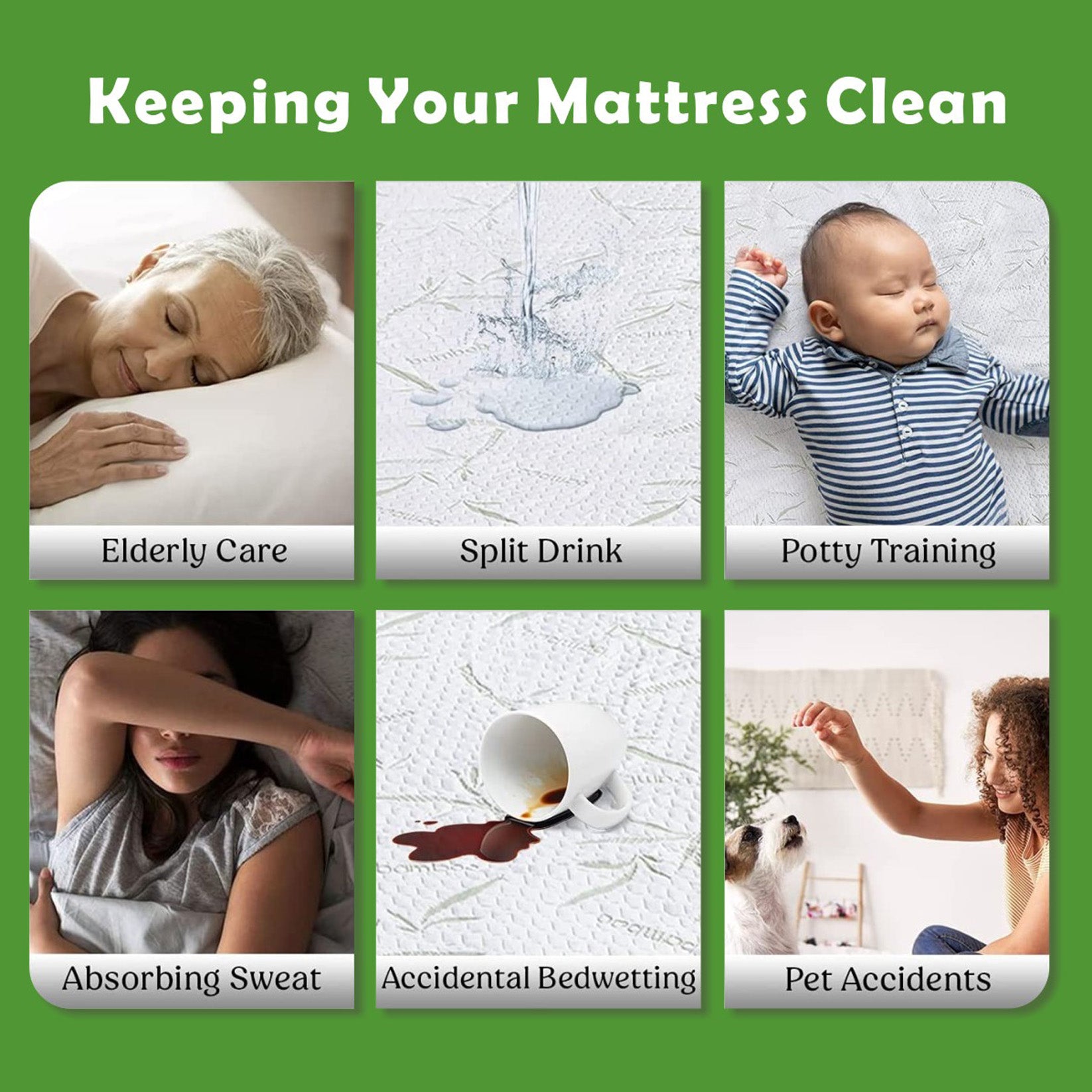 Nature Bamboo 100% Waterproof  Mattress Protector Soft Fitted Bed Cover   Green