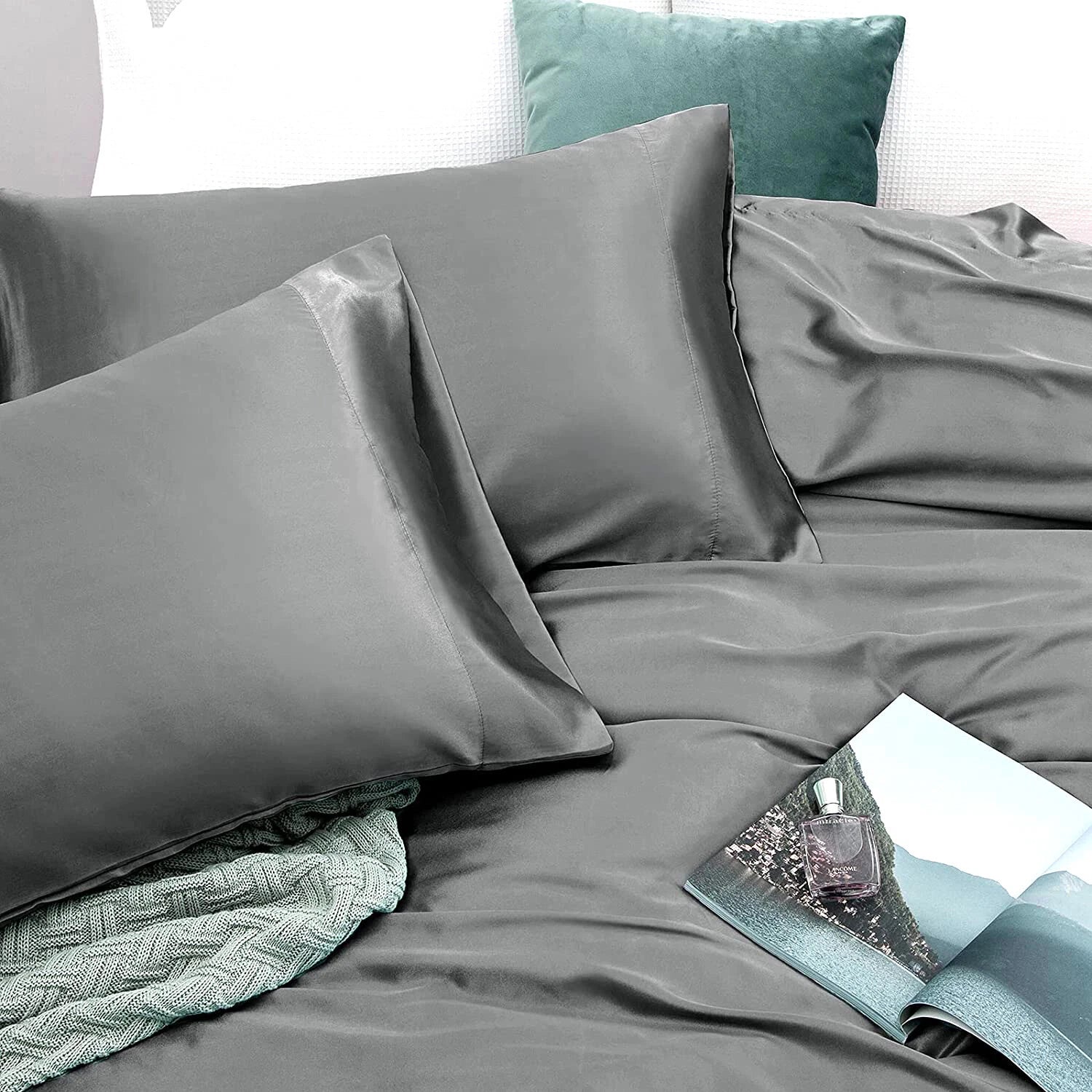 2000TC 6 Pieces Silk Satin Flat Fitted Sheet Bed Set