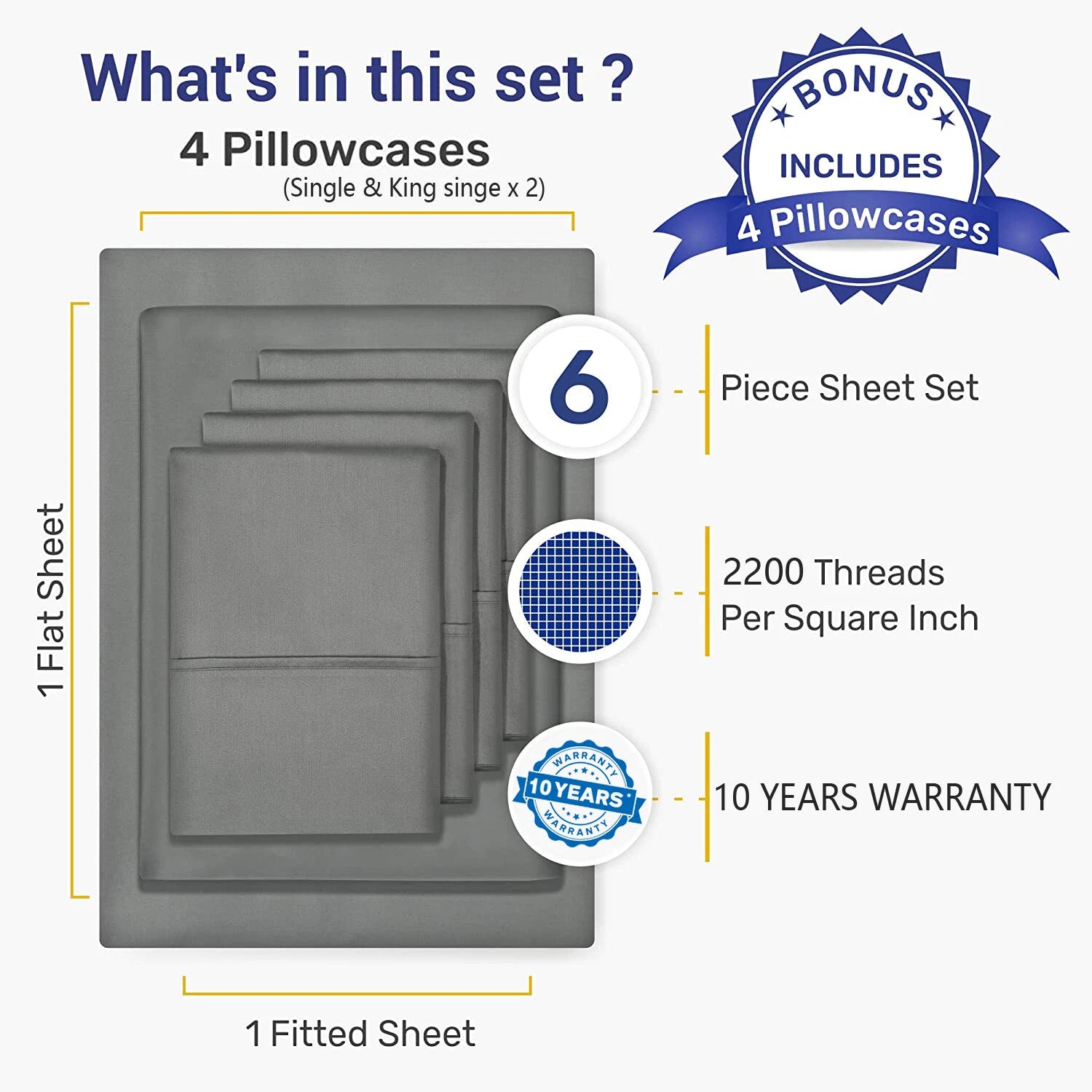 2200TC 6 Pieces Flat Fitted 4 x Pillowcases Bedding Sheet Set