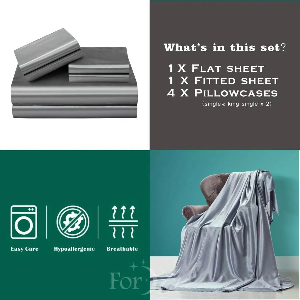 2000TC 6 Pieces Silk Satin Flat Fitted Sheet Bed Set