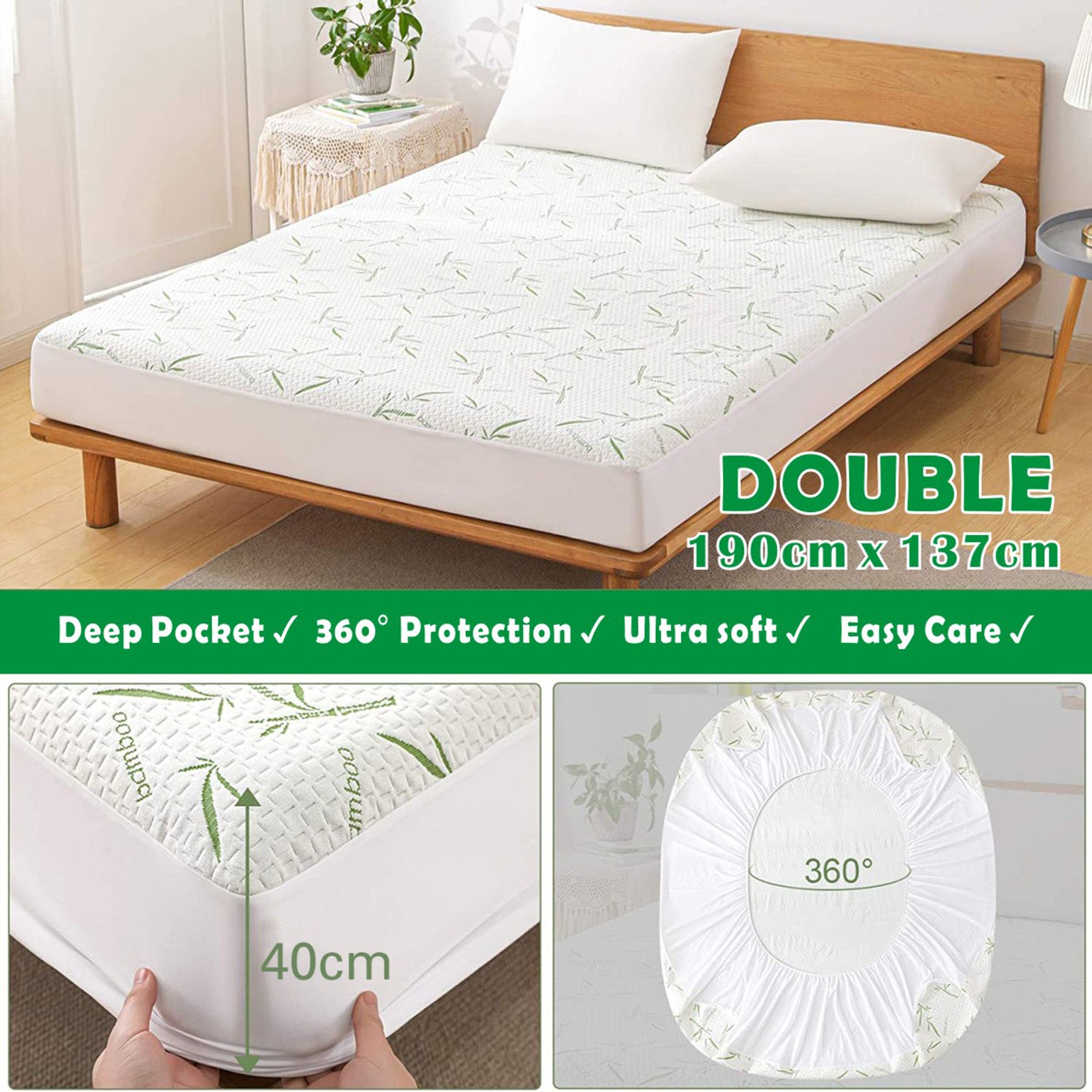 Nature Bamboo 100% Waterproof  Mattress Protector Soft Fitted Bed Cover   Green