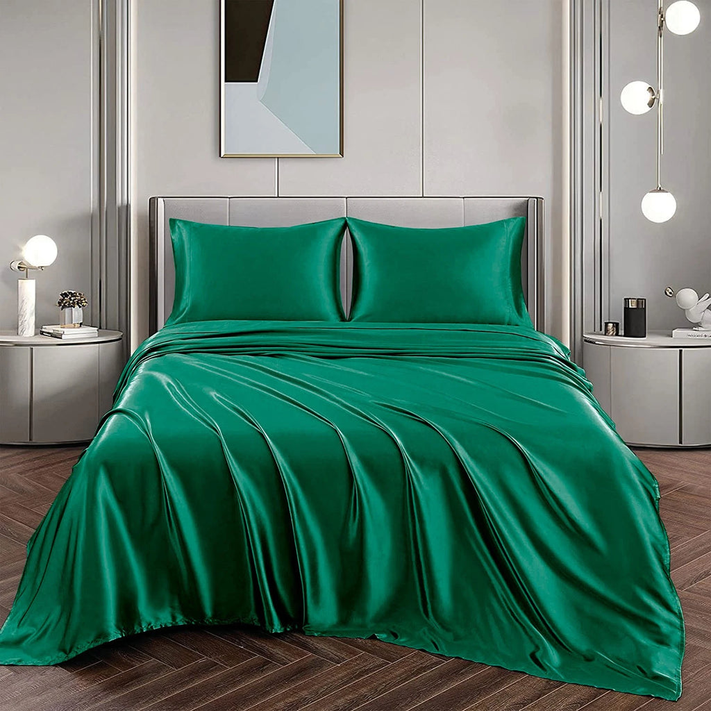Hotel 4 Pieces Silk Satin Flat Fitted Sheet Bed Set Single Double Queen King Bed