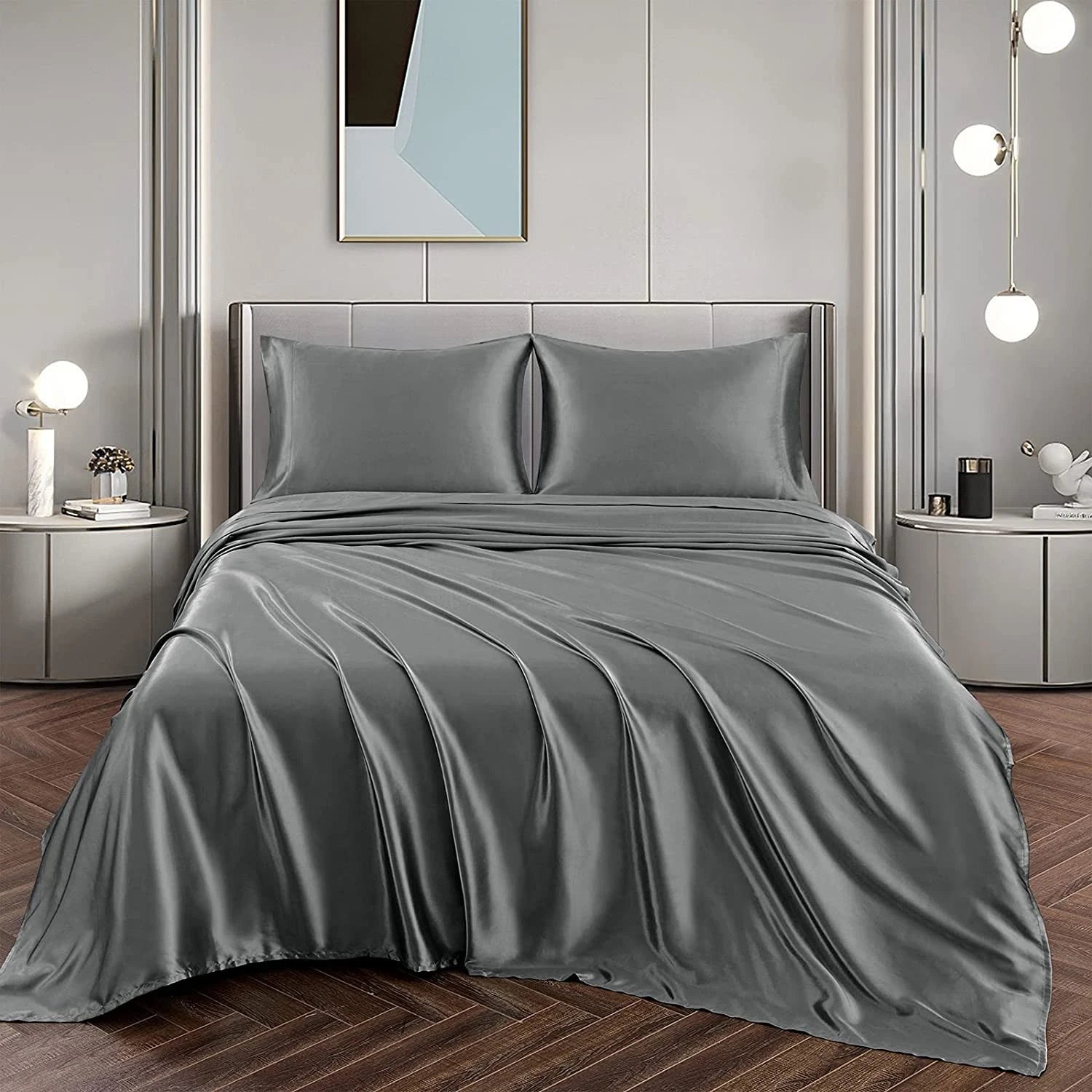 Hotel 4 Pieces Silk Satin Flat Fitted Sheet Bed Set Single Double Queen King Bed