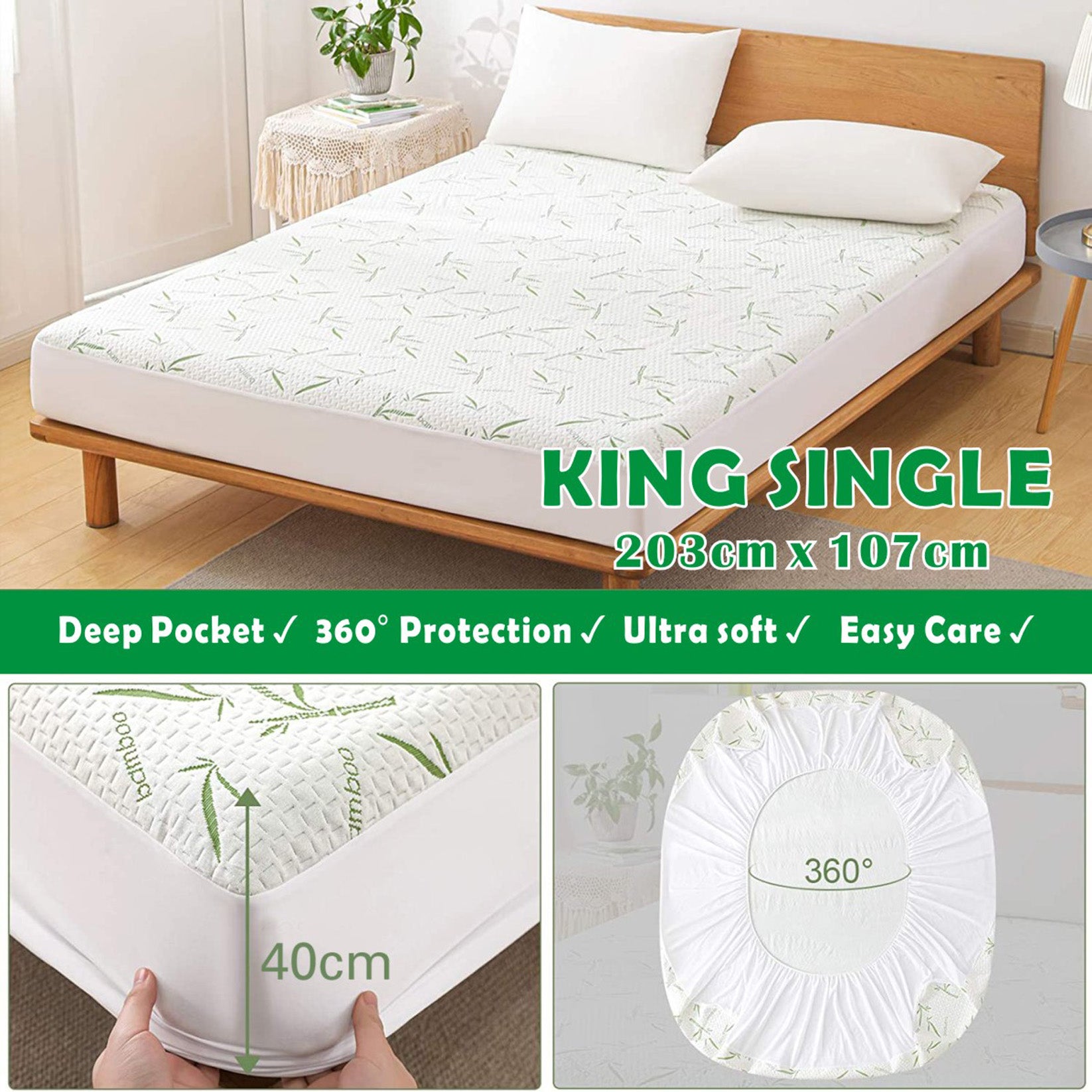 Nature Bamboo 100% Waterproof  Mattress Protector Soft Fitted Bed Cover   Green