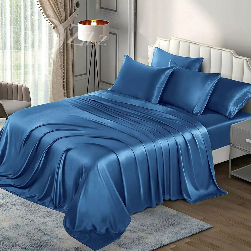 2000TC 6 Pieces Silk Satin Flat Fitted Sheet Bed Set