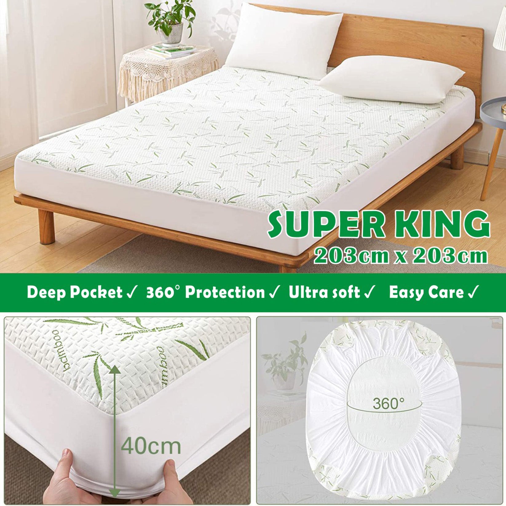 Nature Bamboo 100% Waterproof  Mattress Protector Soft Fitted Bed Cover   Green