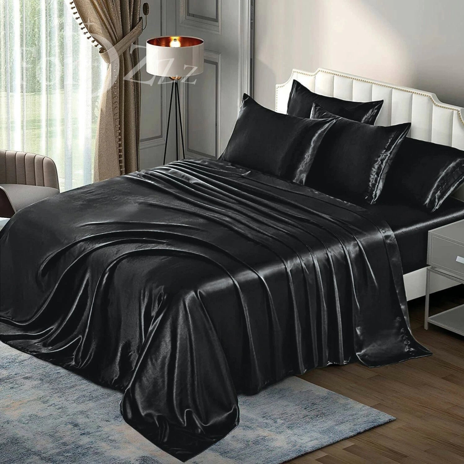 2000TC 6 Pieces Silk Satin Flat Fitted Sheet Bed Set