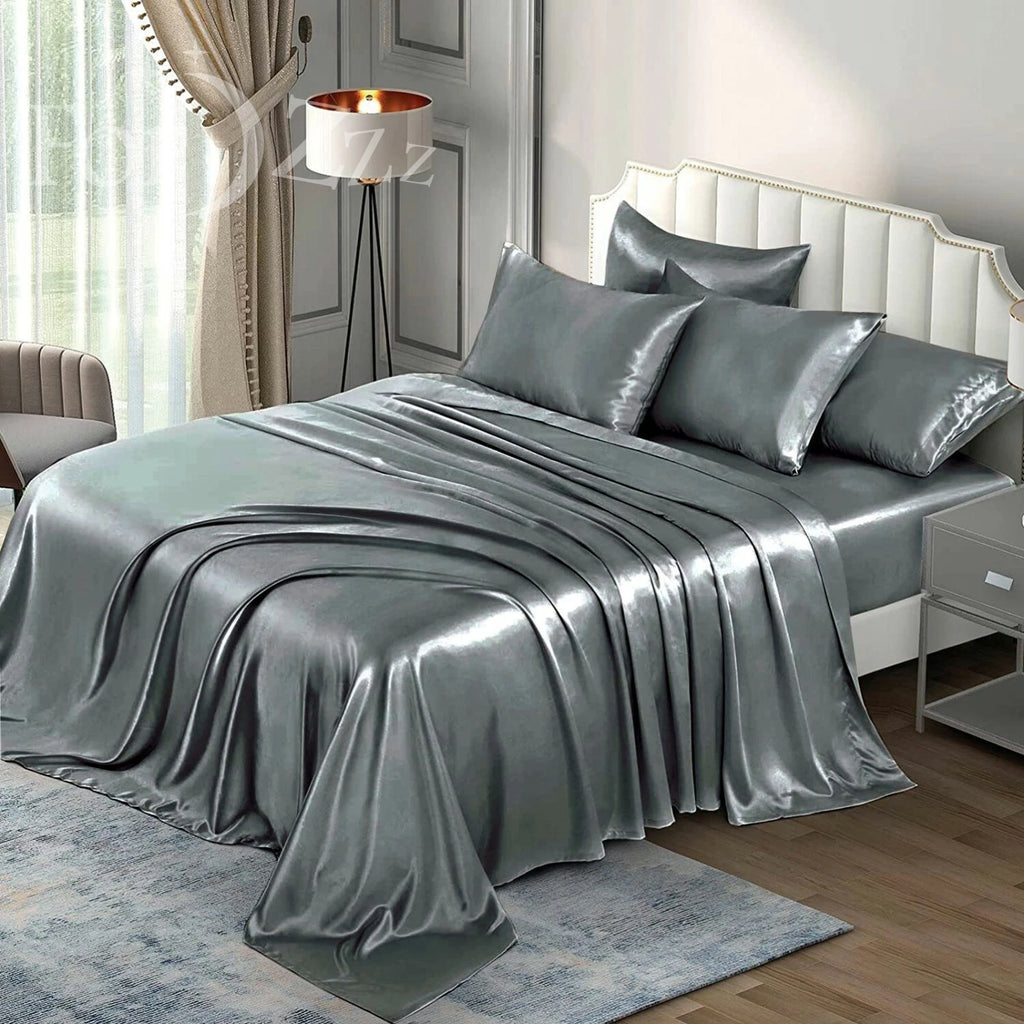 2000TC 6 Pieces Silk Satin Flat Fitted Sheet Bed Set