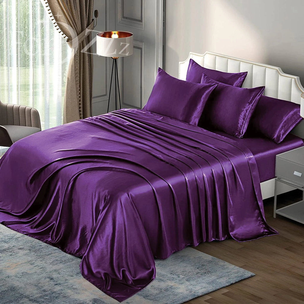 2000TC 6 Pieces Silk Satin Flat Fitted Sheet Bed Set